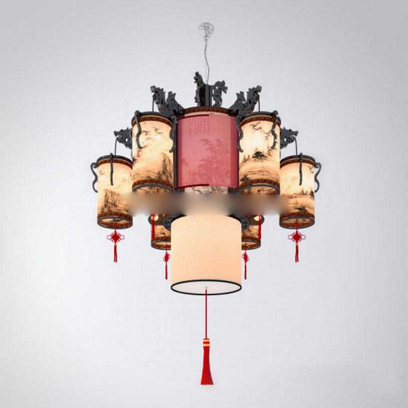 新中式中国宫廷木艺羊皮龙头吊灯