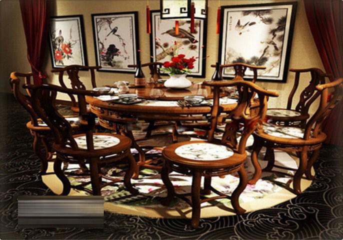 中式圆餐桌椅组合 3D模型